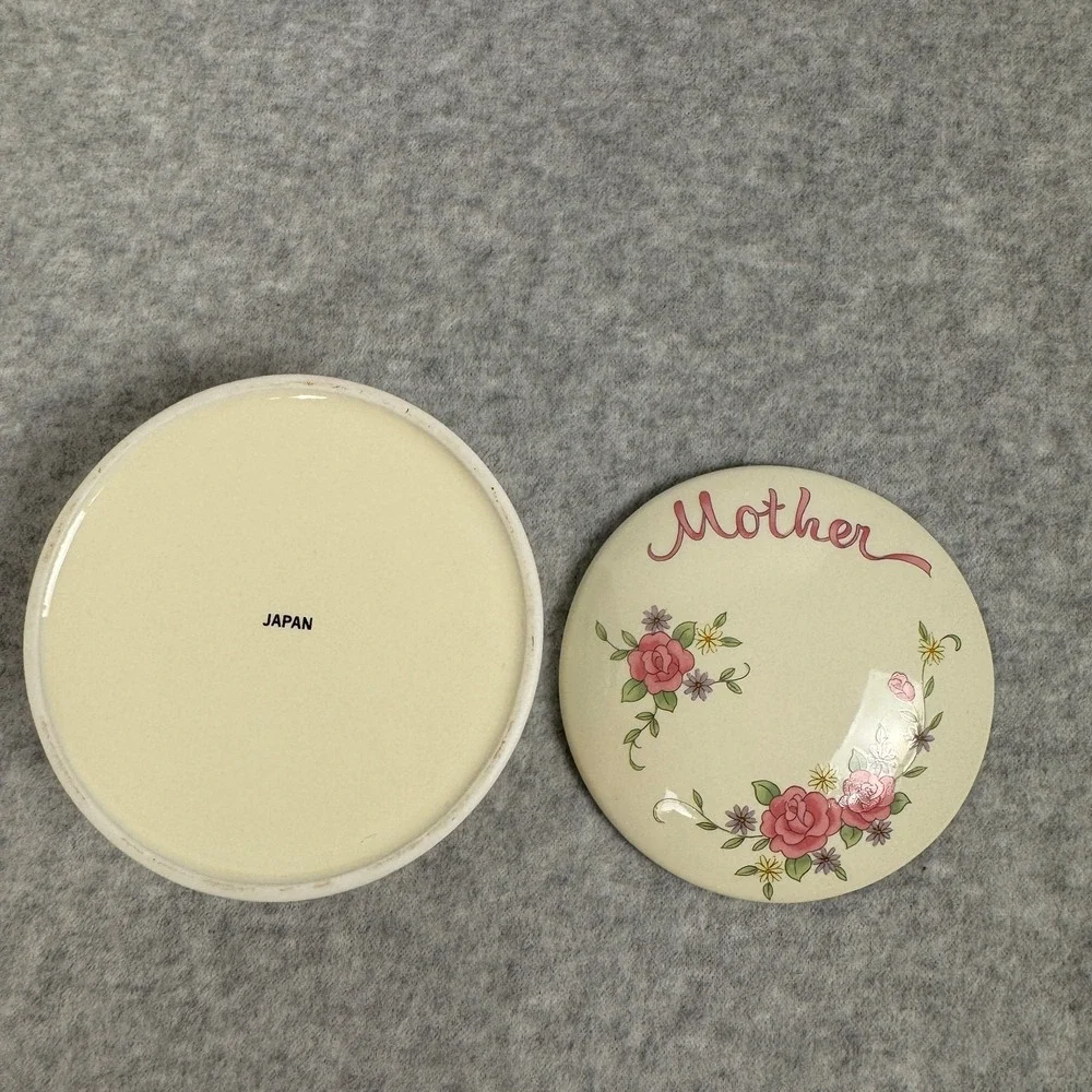 Vintage Porcelain Mother Trinket Box Japan Cream Pink Green with Gilded Gold Bow